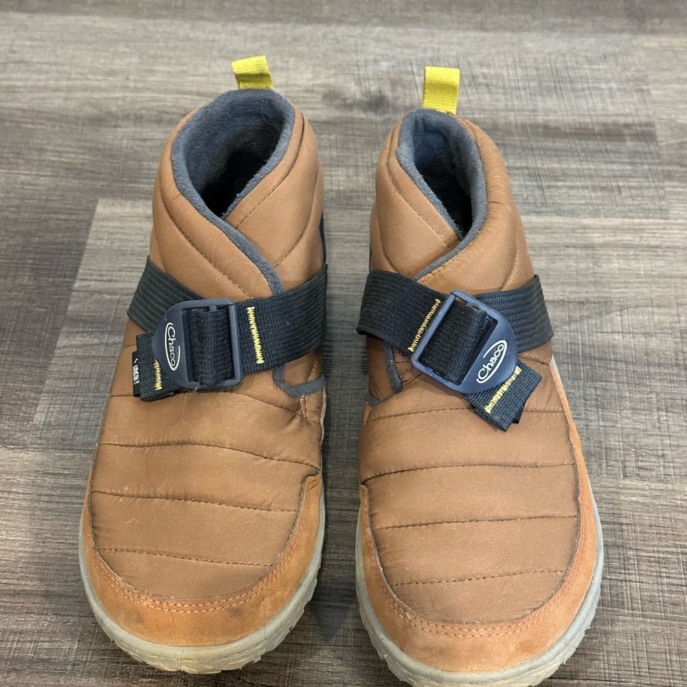 Chaco Tan Quilted Ankle Booties with Black Strap and Yellow Pull Tabs